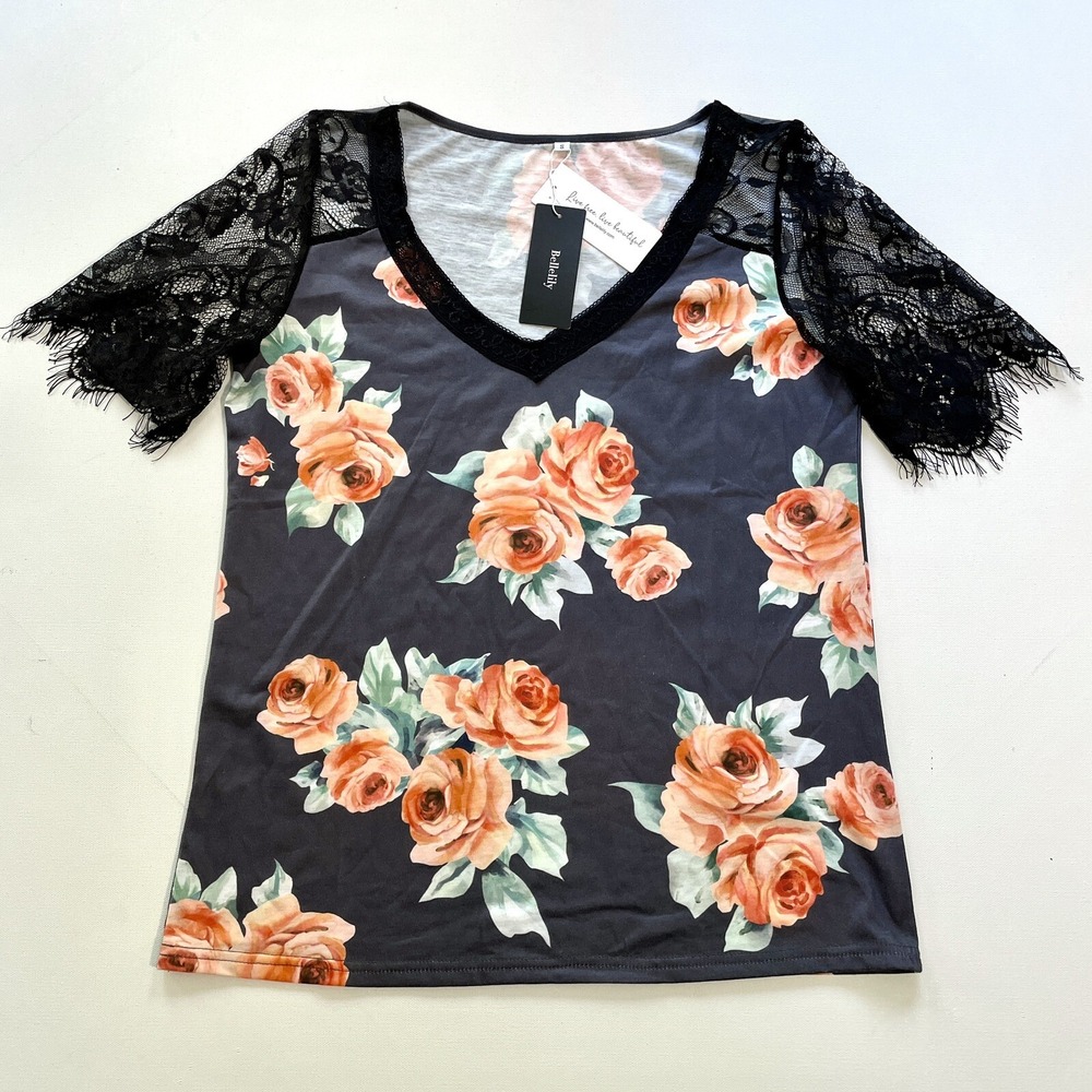 Bellelily Top Women's Small Floral Lace Sleeve Black V-Neck Boho Chic Shirt NWT